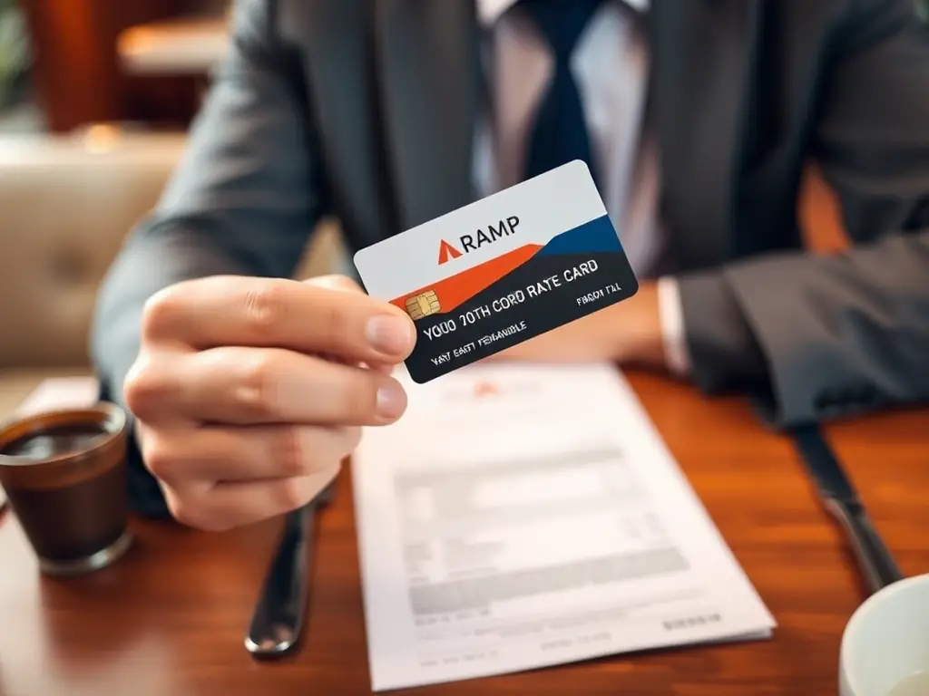 A person using a Ramp corporate card to pay for a business lunch, highlighting the ease and efficiency of expense management.