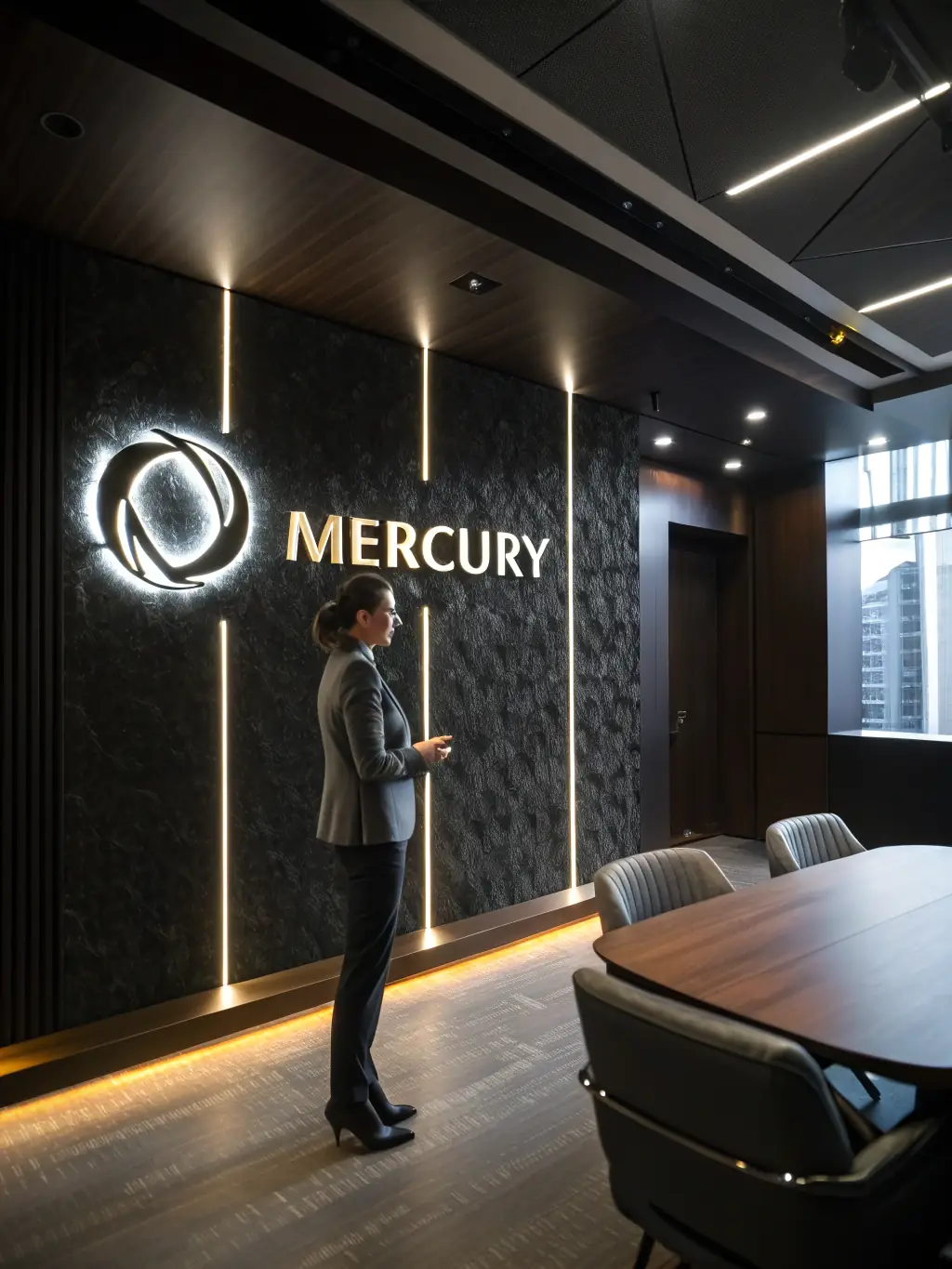 A professional, modern office space with the Mercury logo subtly displayed in the background, representing Mercury's innovative financial solutions.