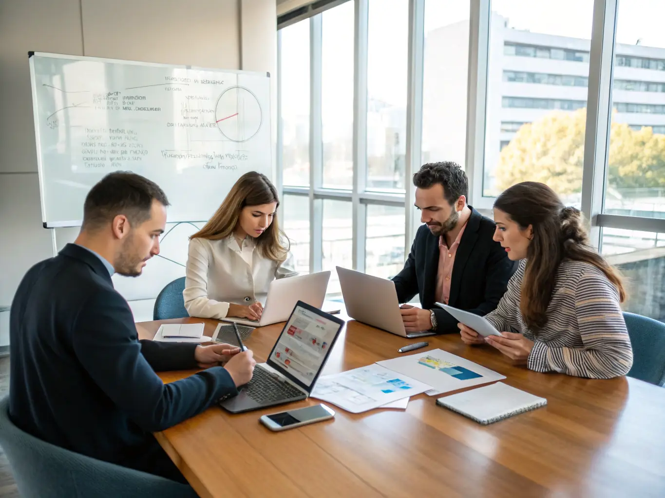 A startup team reviewing loan options on a tablet, with the Brex logo subtly displayed, representing financial growth and investment.
